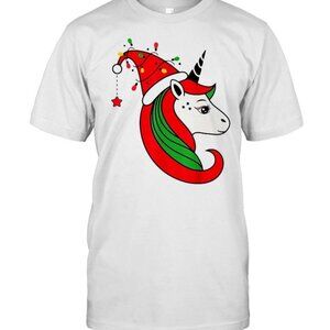 Santa Hat Unicorn Christmas Lights Holiday Girls Pajama Sweater Graphic T-Shirt
